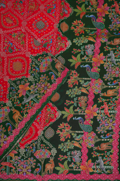 Pure Chinon Crepe Silk Saree with Kashmiri Pashmina Digital Print – Pink & Green