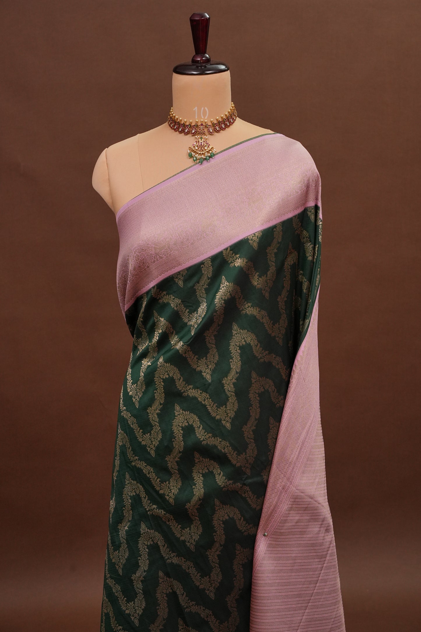 Kanchivaram Semi Silk Saree - Emerald Green with Baby Pink