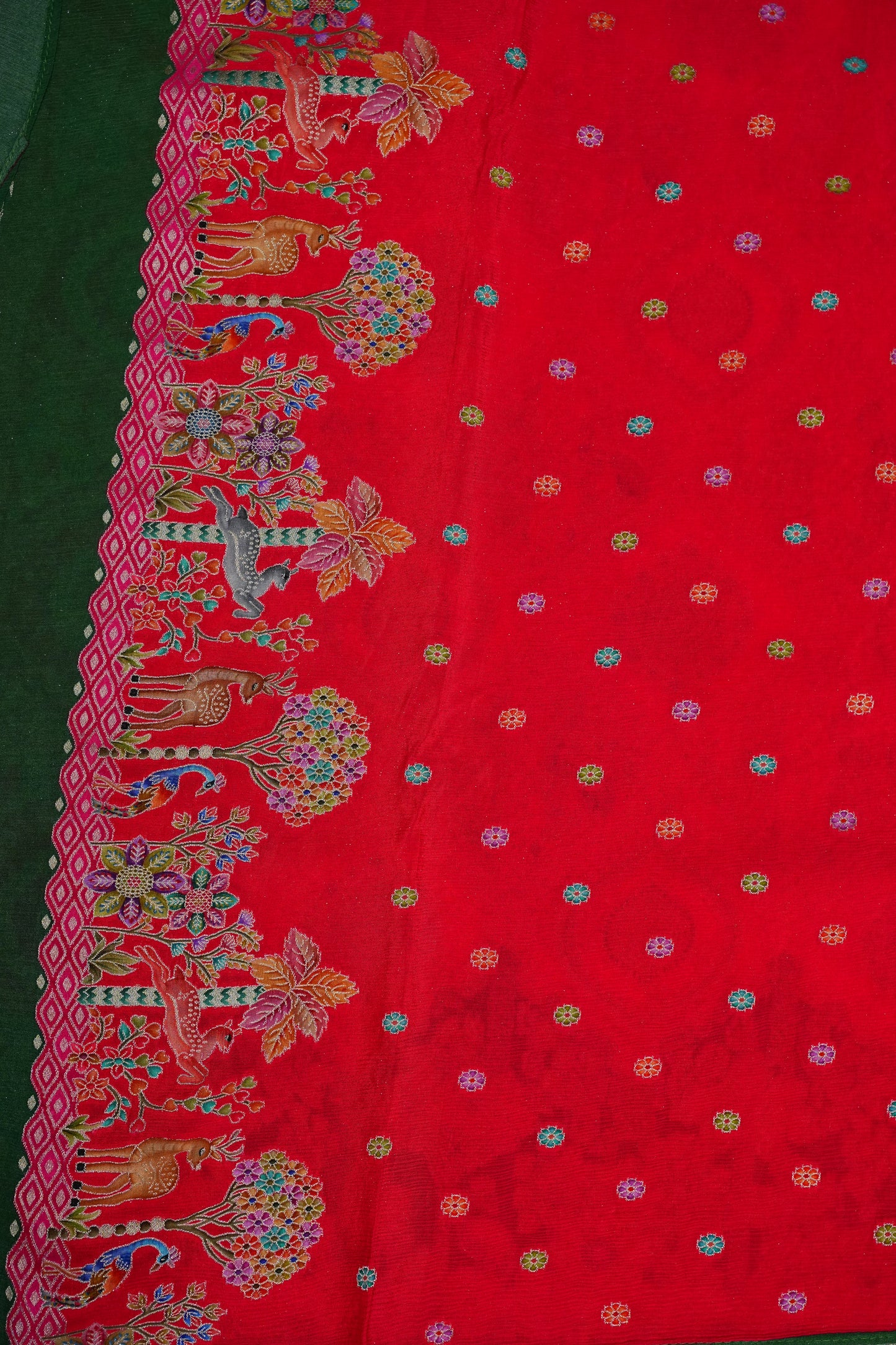Pure Chinon Crepe Silk Saree with Kashmiri Pashmina Digital Print – Pink & Green