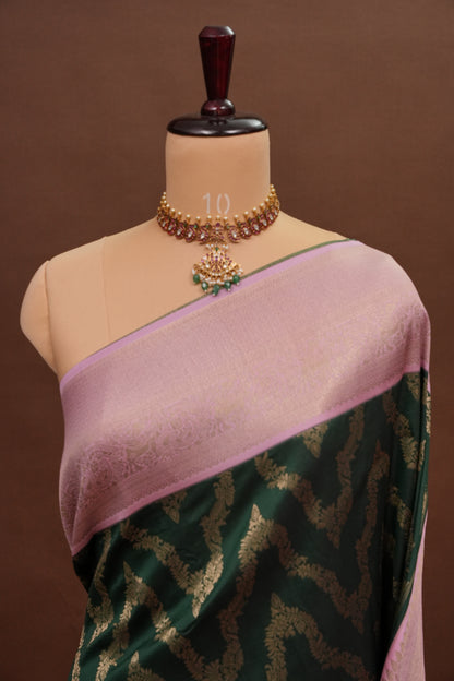 Kanchivaram Semi Silk Saree - Emerald Green with Baby Pink
