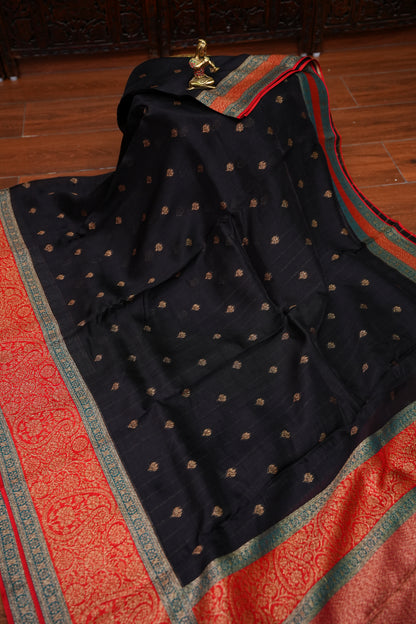 Banarasi Tussar Raw Silk Saree with Contrast 3D Border – Black & Red