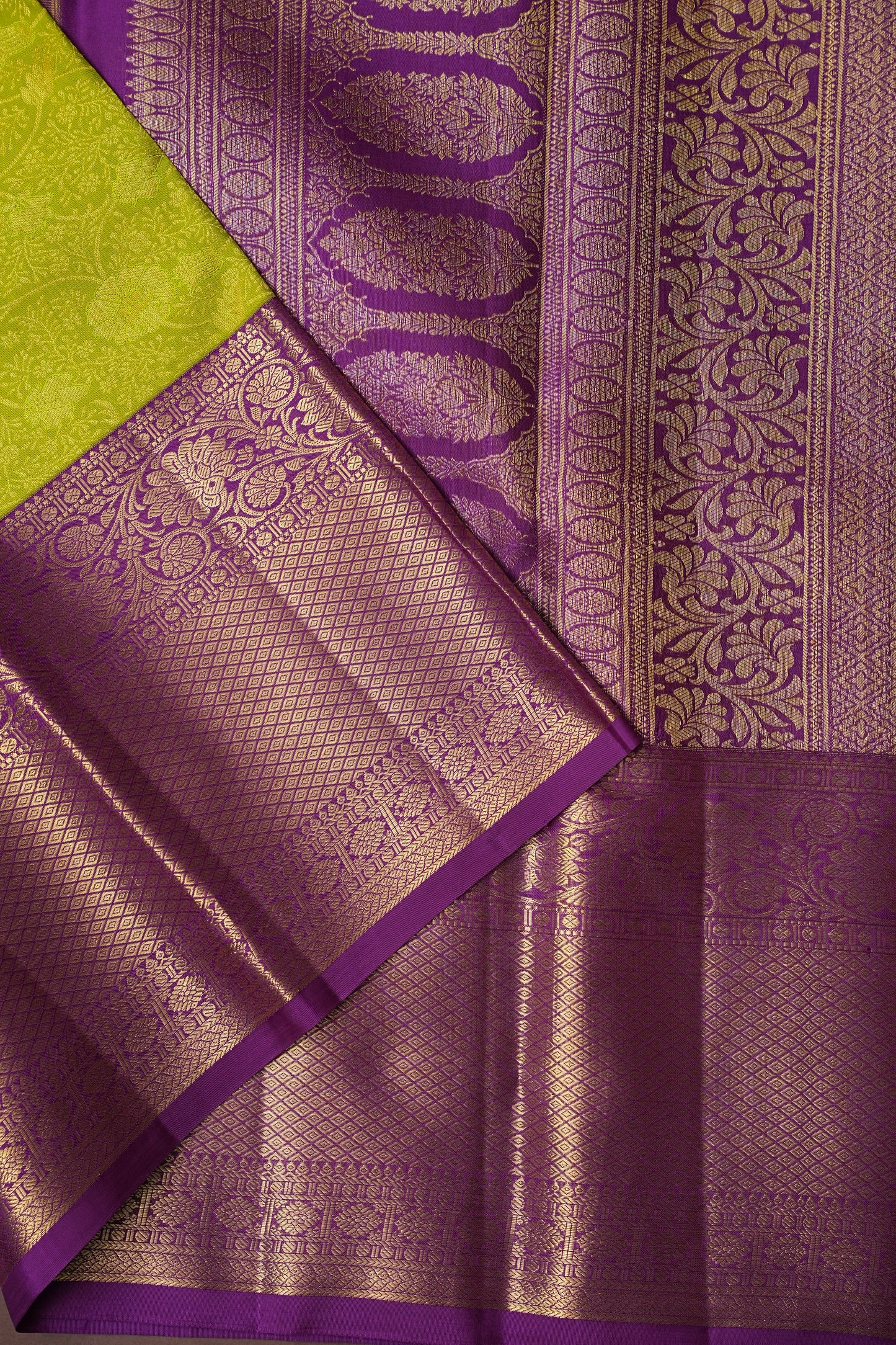 Bright Parrot Green & Purple Pure Kanchipuram Brocade Silk Saree|Silk Mark Certified