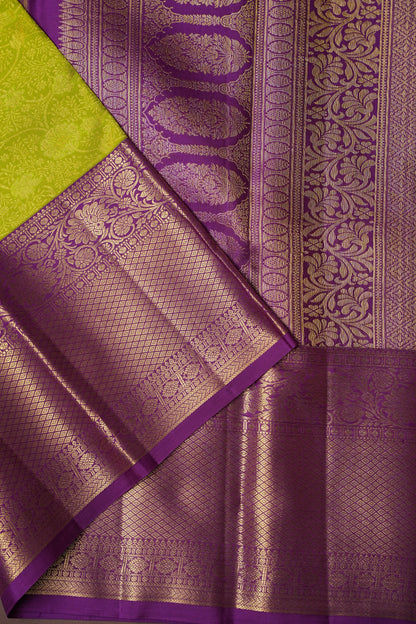 Bright Parrot Green & Purple Pure Kanchipuram Brocade Silk Saree|Silk Mark Certified