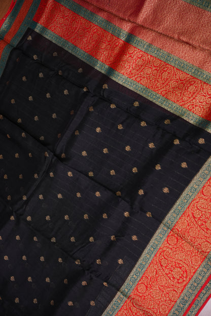 Banarasi Tussar Raw Silk Saree with Contrast 3D Border – Black & Red