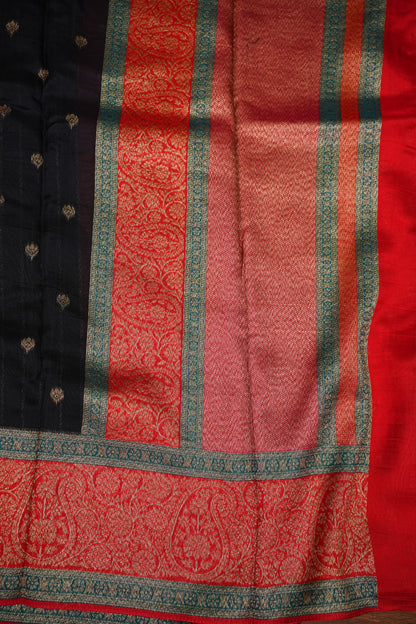 Banarasi Tussar Raw Silk Saree with Contrast 3D Border – Black & Red