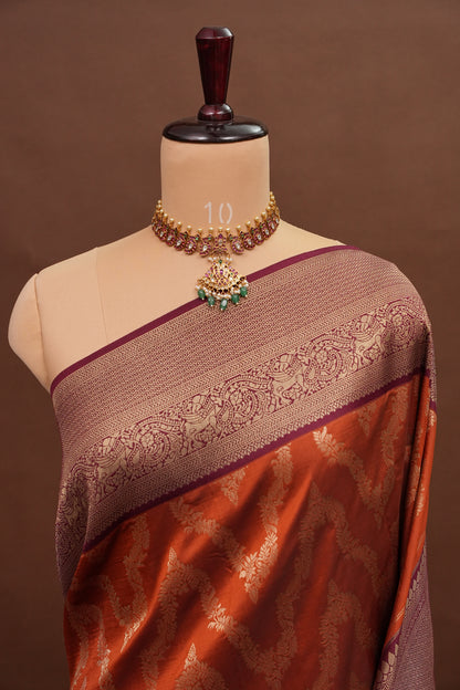 Kanchivaram Semi Silk Saree - Rust with Maroon