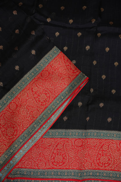 Banarasi Tussar Raw Silk Saree with Contrast 3D Border – Black & Red