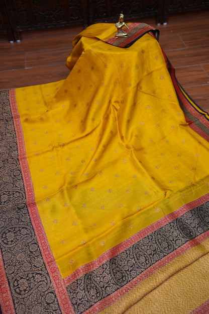 Banarasi Tussar Raw Silk Saree with Contrast 3D Border – Yellow & Black
