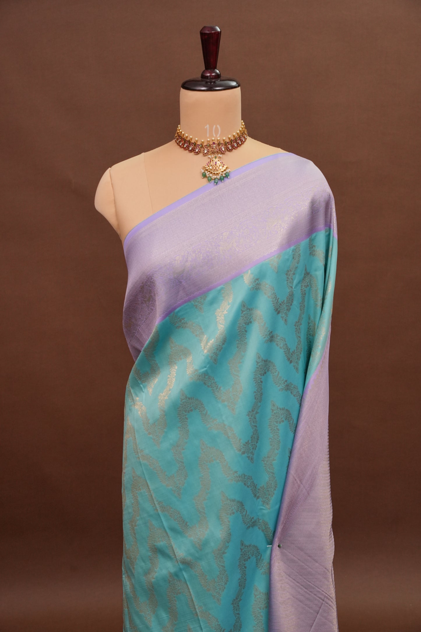 Kanchivaram Semi Silk Saree - Turquoise with Lavender