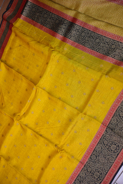 Banarasi Tussar Raw Silk Saree with Contrast 3D Border – Yellow & Black