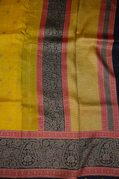 Banarasi Tussar Raw Silk Saree with Contrast 3D Border – Yellow & Black