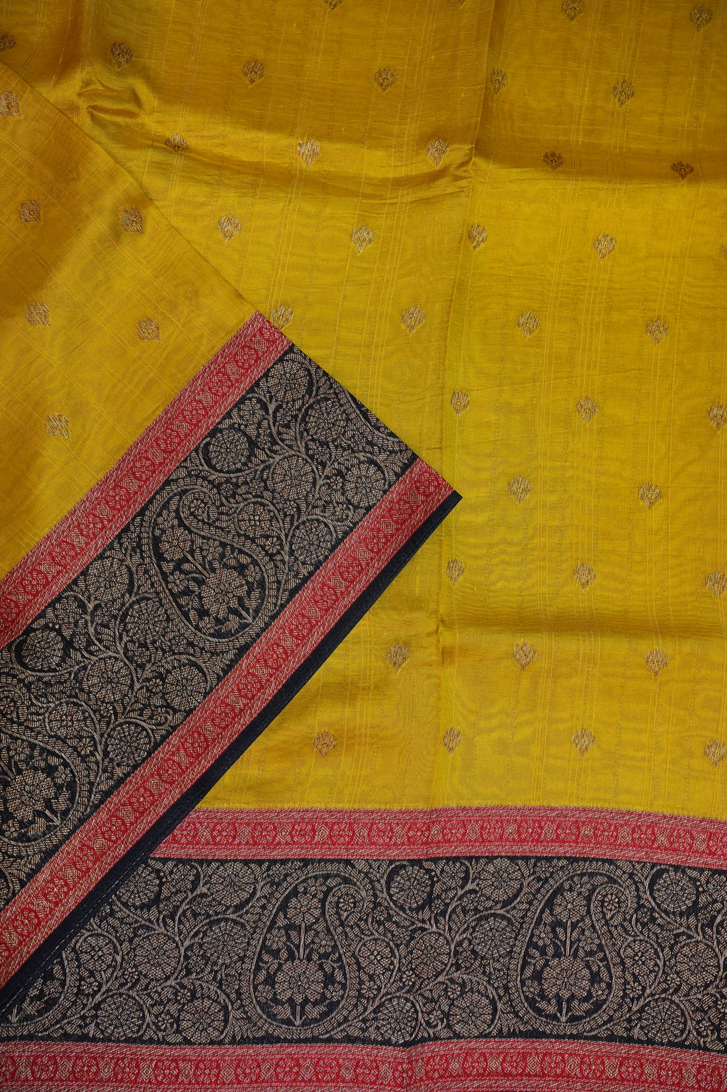 Banarasi Tussar Raw Silk Saree with Contrast 3D Border – Yellow & Black