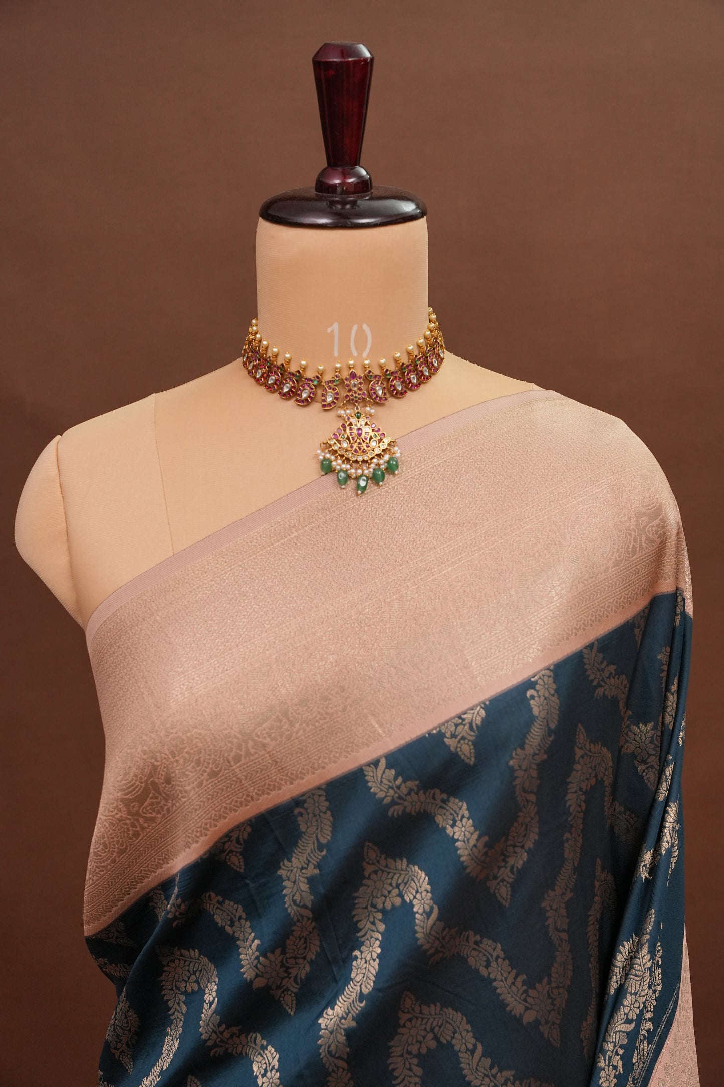 Kanchivaram Semi Silk Saree - Peacock Blue with Peach