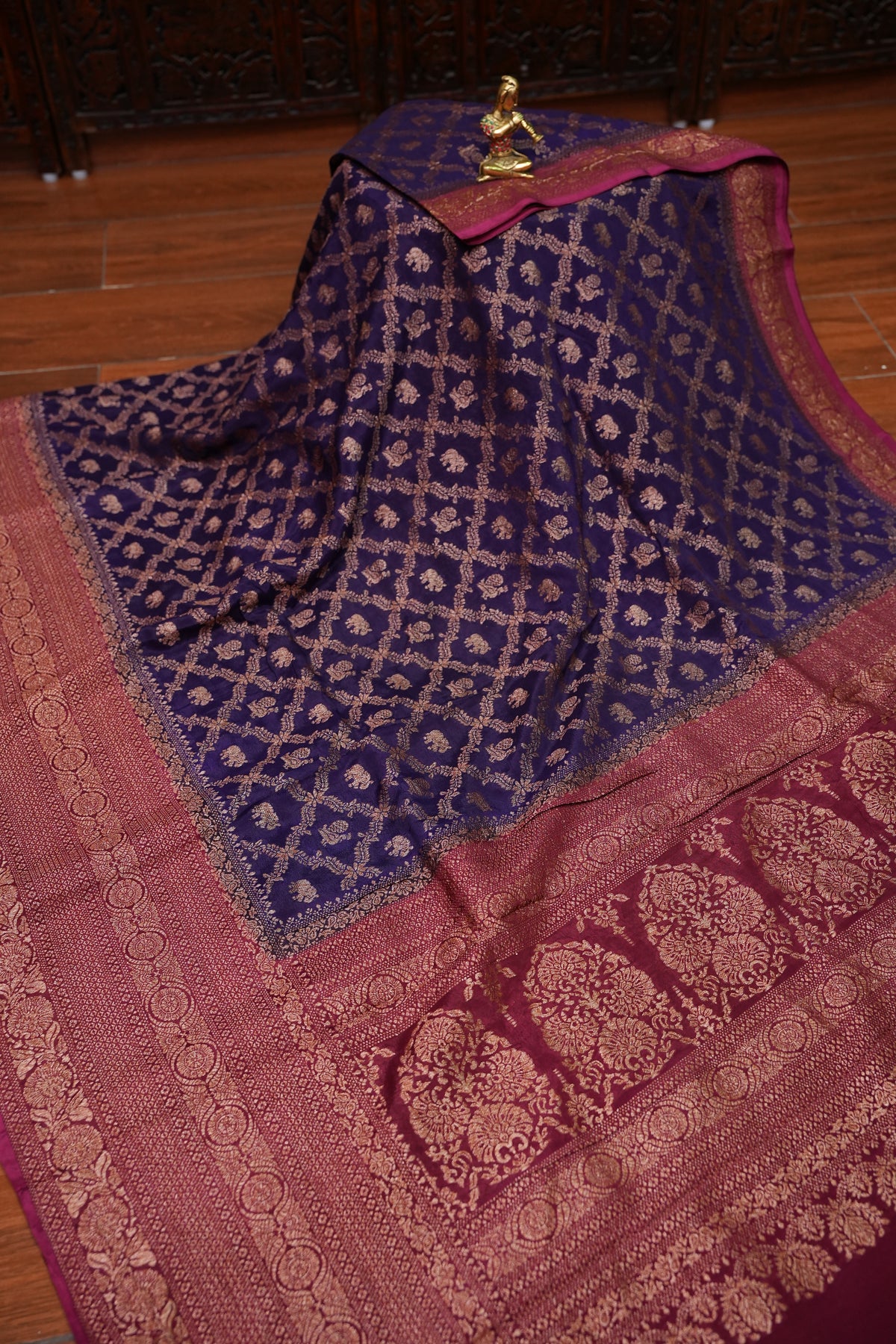 Banarasi Tussar Georgette Saree with Geometric Jaal Weave – Royal Purple & Pink