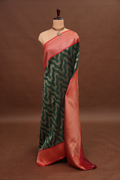 Kanchivaram Semi Silk Saree - Emerald Green with Red
