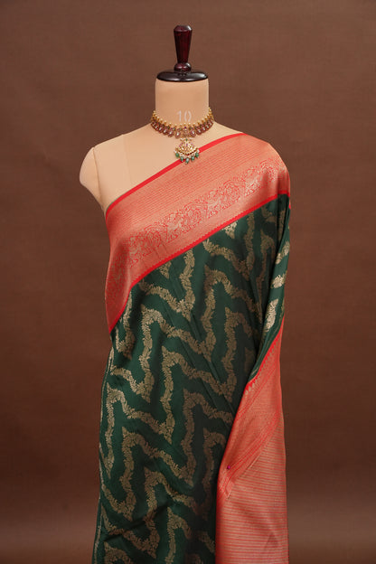 Kanchivaram Semi Silk Saree - Emerald Green with Red
