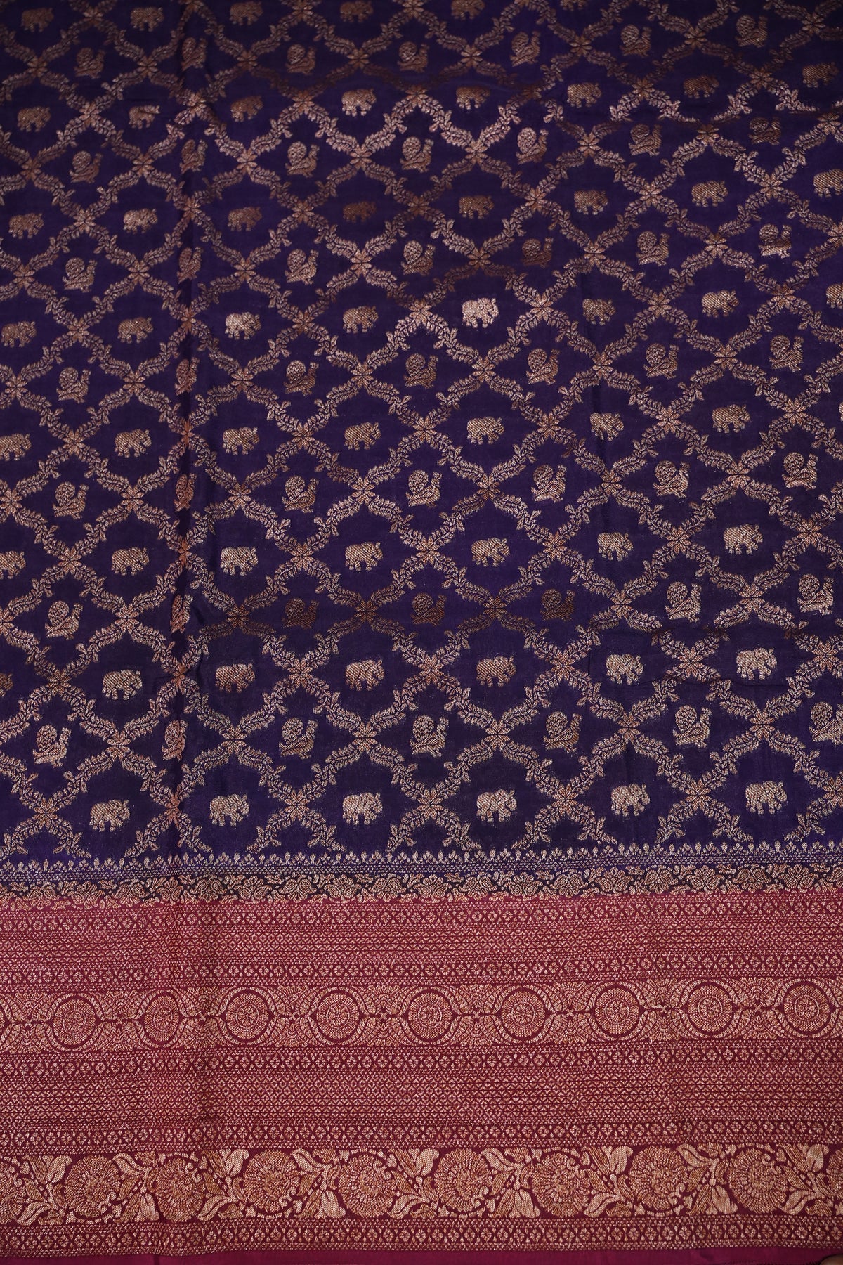 Banarasi Tussar Georgette Saree with Geometric Jaal Weave – Royal Purple & Pink