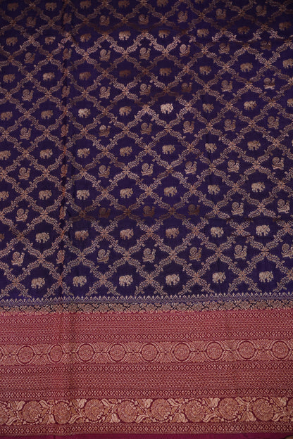 Banarasi Tussar Georgette Saree with Geometric Jaal Weave – Royal Purple & Pink