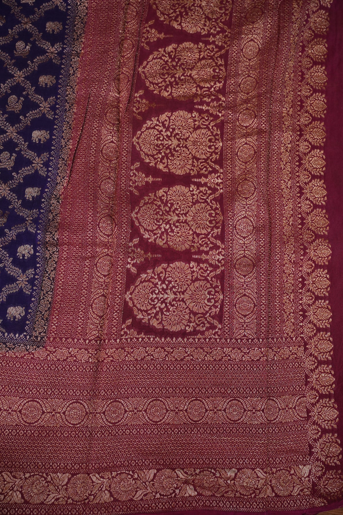 Banarasi Tussar Georgette Saree with Geometric Jaal Weave – Royal Purple & Pink
