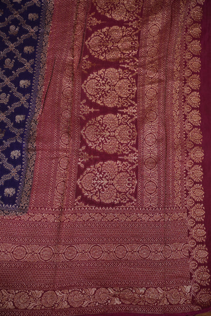 Banarasi Tussar Georgette Saree with Geometric Jaal Weave – Royal Purple & Pink