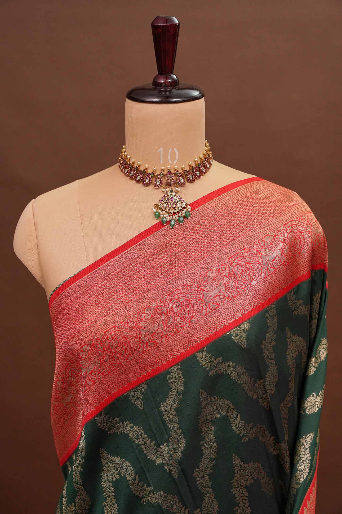 Kanchivaram Semi Silk Saree - Emerald Green with Red