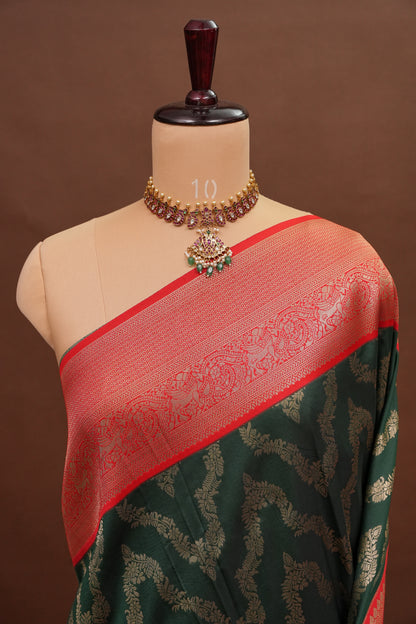 Kanchivaram Semi Silk Saree - Emerald Green with Red