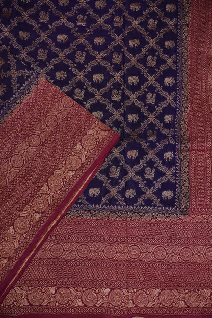 Banarasi Tussar Georgette Saree with Geometric Jaal Weave – Royal Purple & Pink