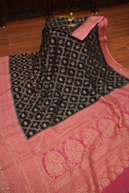 Banarasi Tussar Georgette Saree with Geometric Jaal Weave – Black & Pink