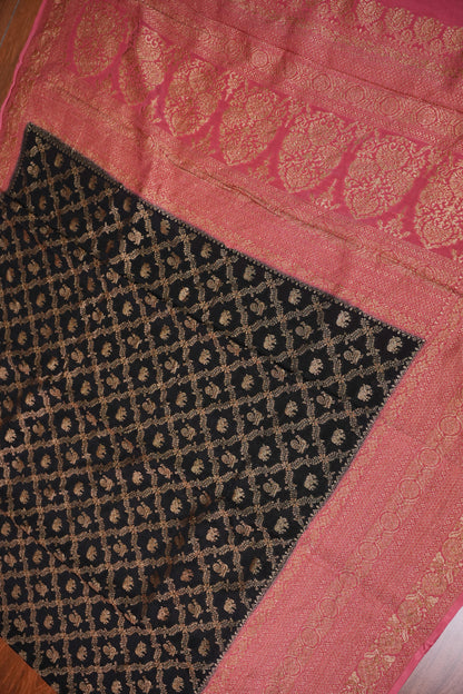 Banarasi Tussar Georgette Saree with Geometric Jaal Weave – Black & Pink