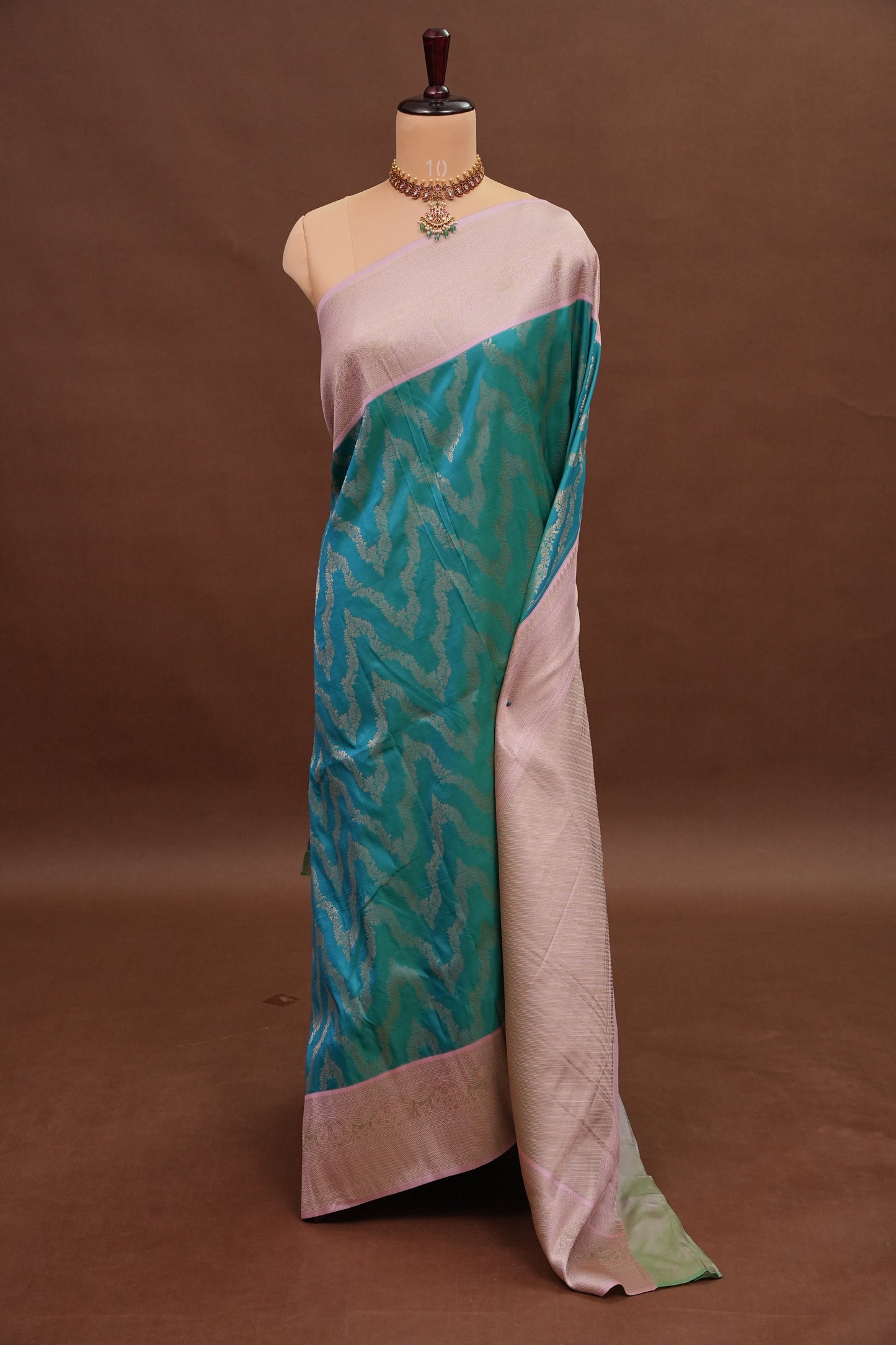 Kanchivaram Semi Silk Saree - Turquoise Green with Baby Pink