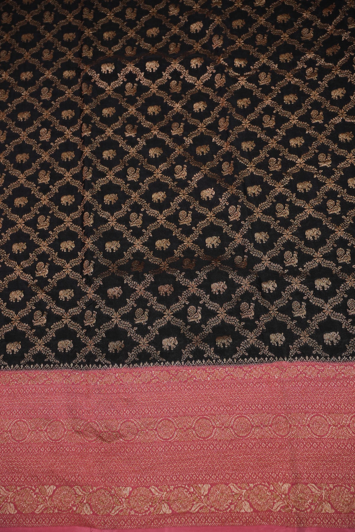 Banarasi Tussar Georgette Saree with Geometric Jaal Weave – Black & Pink