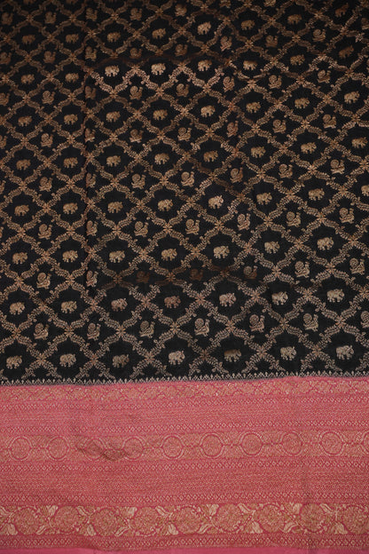 Banarasi Tussar Georgette Saree with Geometric Jaal Weave – Black & Pink