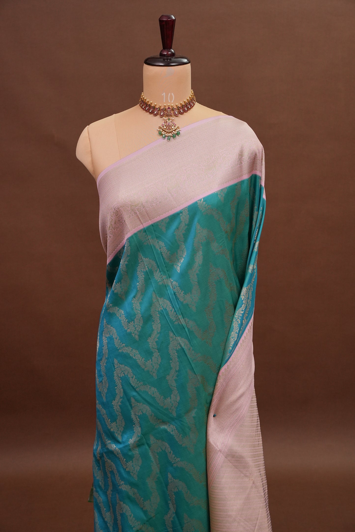 Kanchivaram Semi Silk Saree - Turquoise Green with Baby Pink