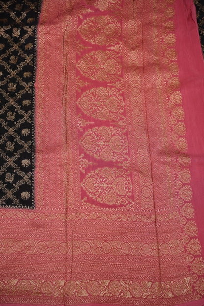 Banarasi Tussar Georgette Saree with Geometric Jaal Weave – Black & Pink