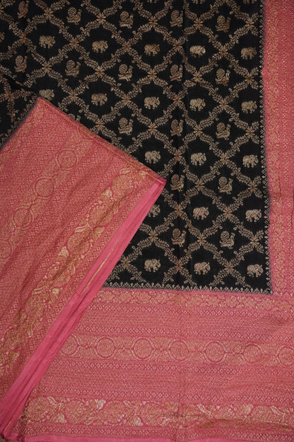 Banarasi Tussar Georgette Saree with Geometric Jaal Weave – Black & Pink