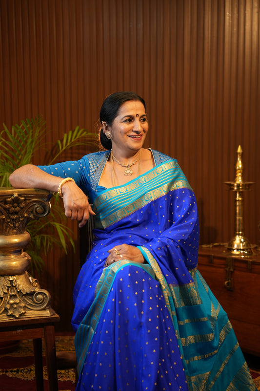 Pure Crepe Mysore Silk Saree in Ink Blue With Contrast Sky Blue Border