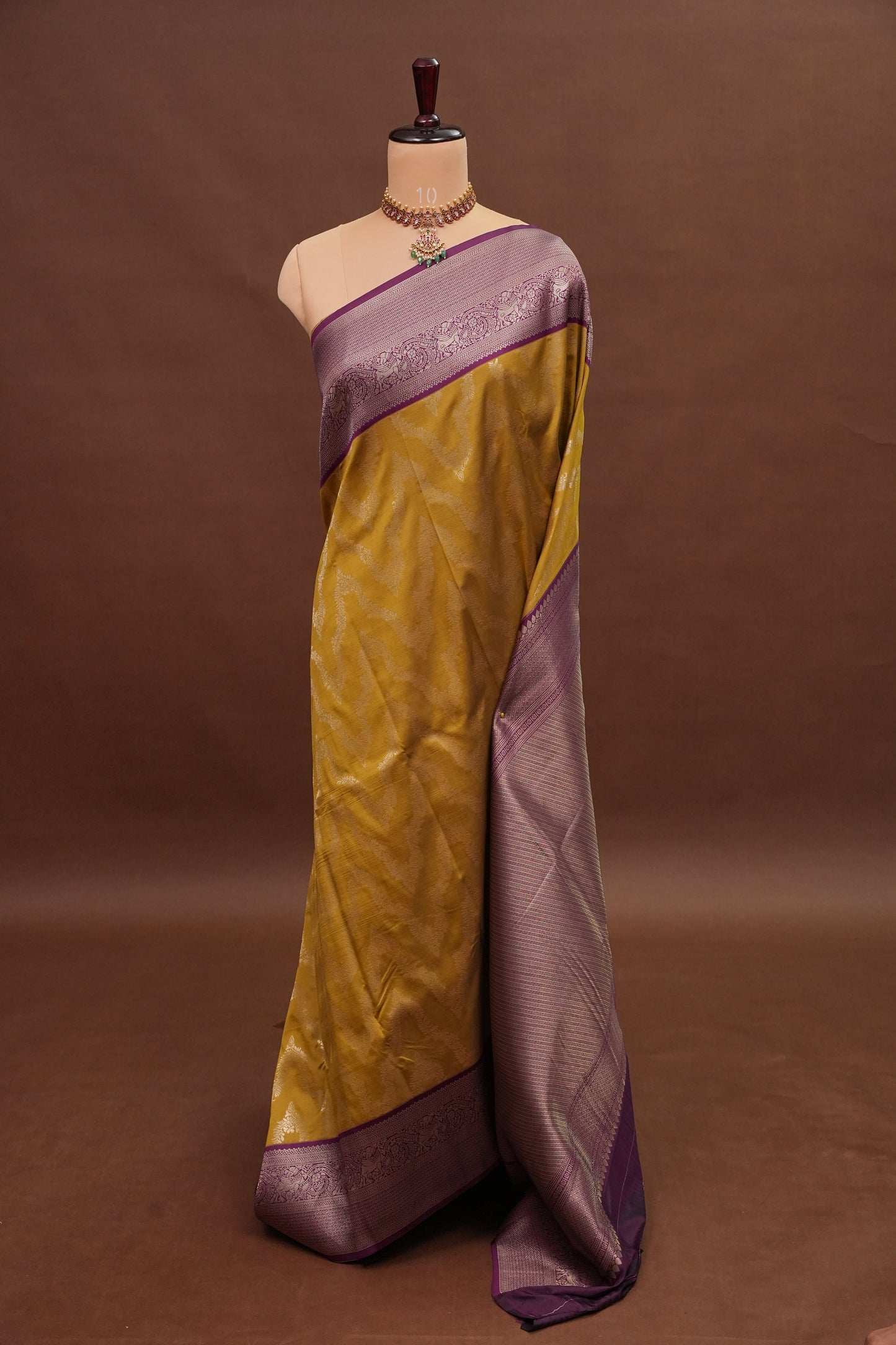 Kanchivaram Semi Silk Saree - Mustard with Wine