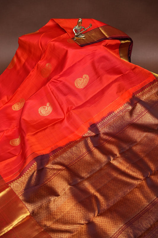 Pure Kanchivaram Silk Saree - Orange & Maroon