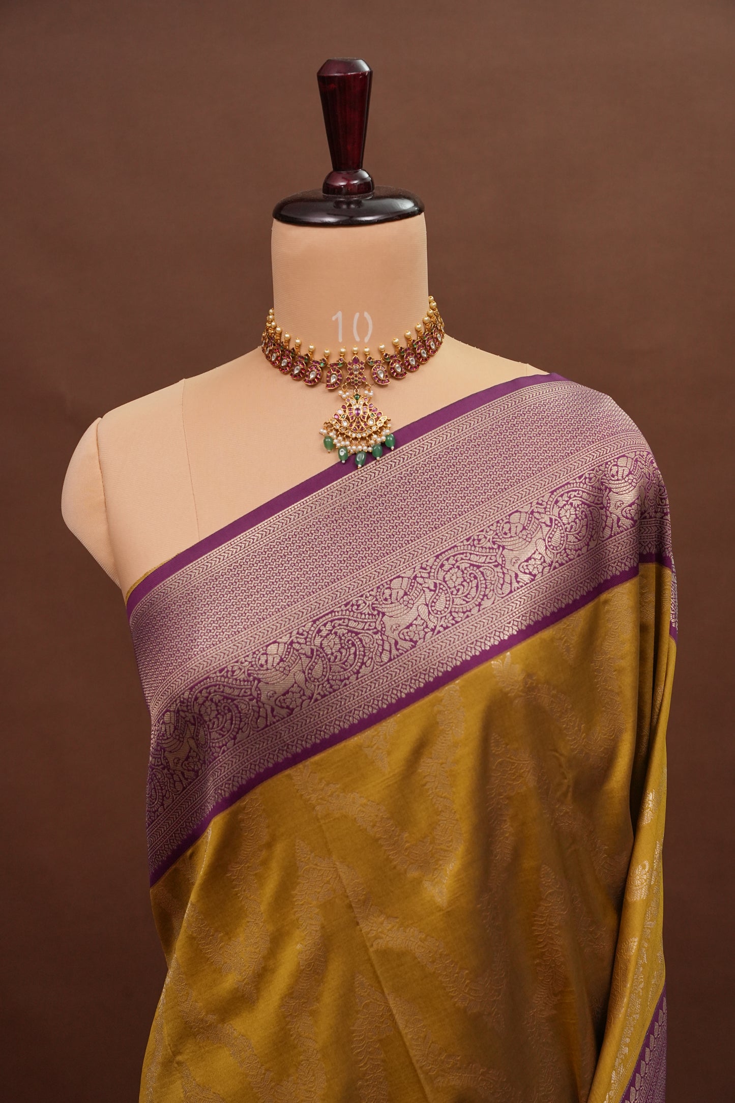 Kanchivaram Semi Silk Saree - Mustard with Wine
