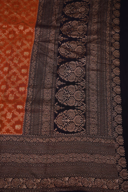 Banarasi Tussar Georgette Saree with Geometric Jaal Weave – Rust & Aubergine Purple