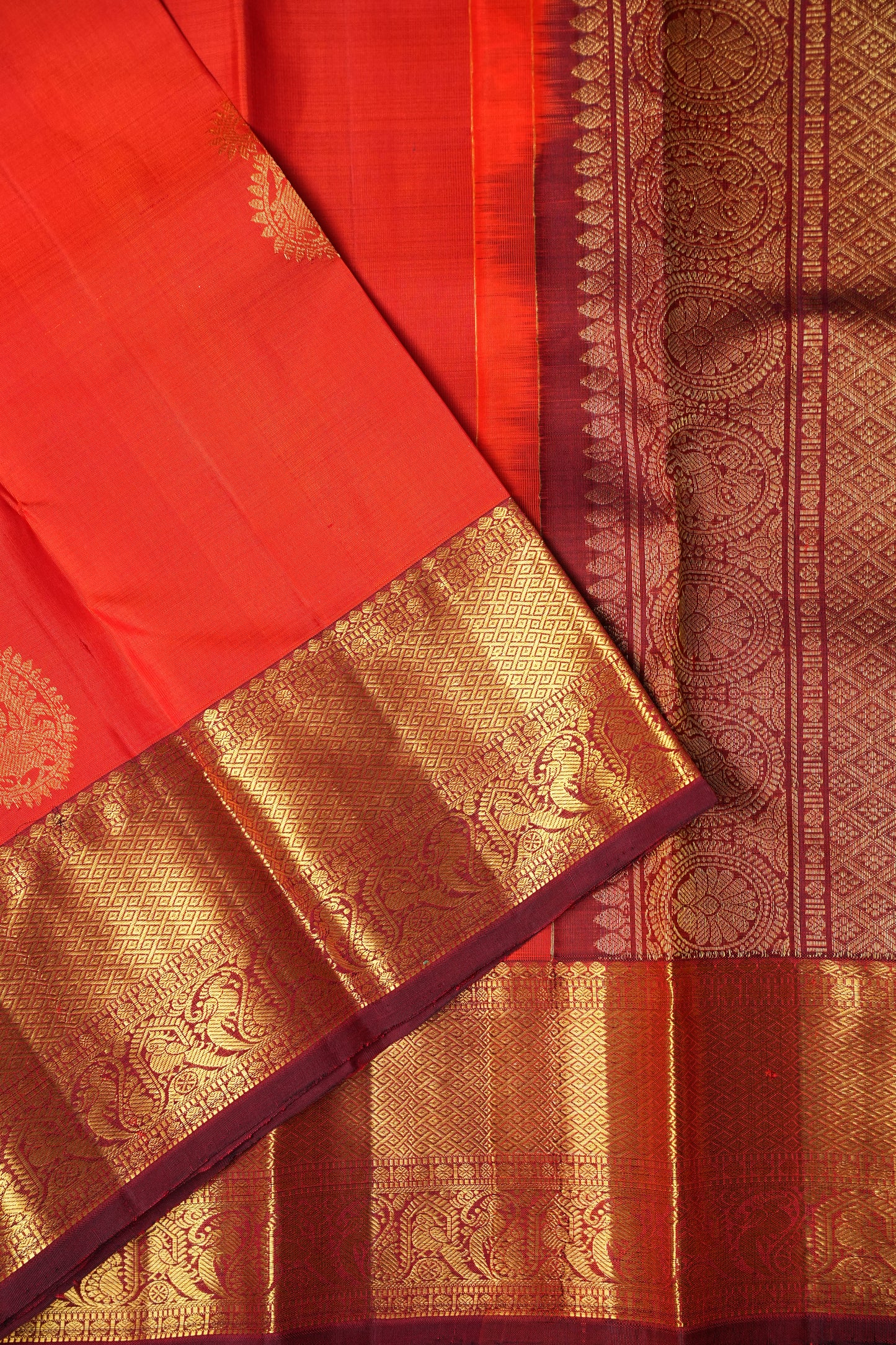 Orange & Maroon Pure Kanchipuram Silk Saree|Silk Mark Certified