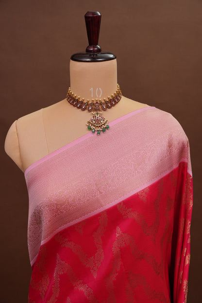 Kanchivaram Semi Silk Saree - Scarlet Red with Baby Pink