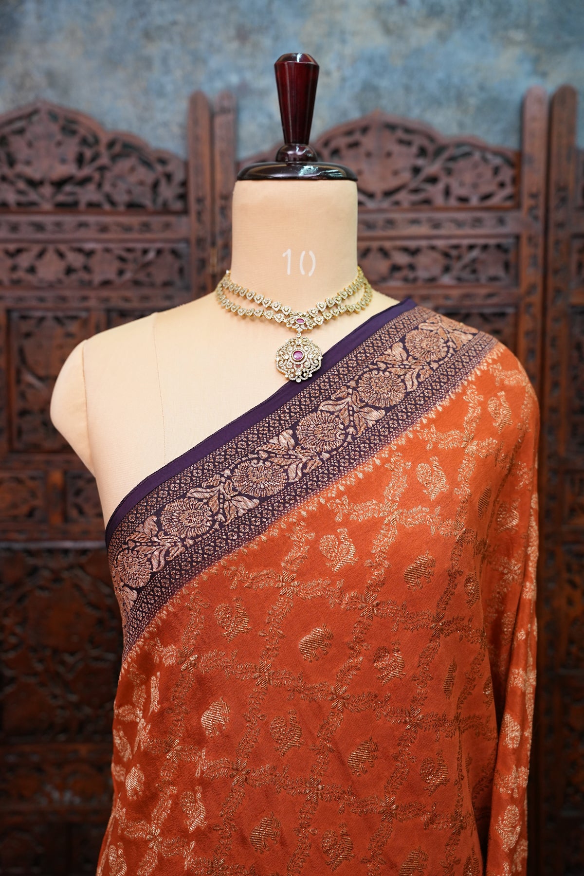Banarasi Tussar Georgette Saree with Geometric Jaal Weave – Rust & Aubergine Purple