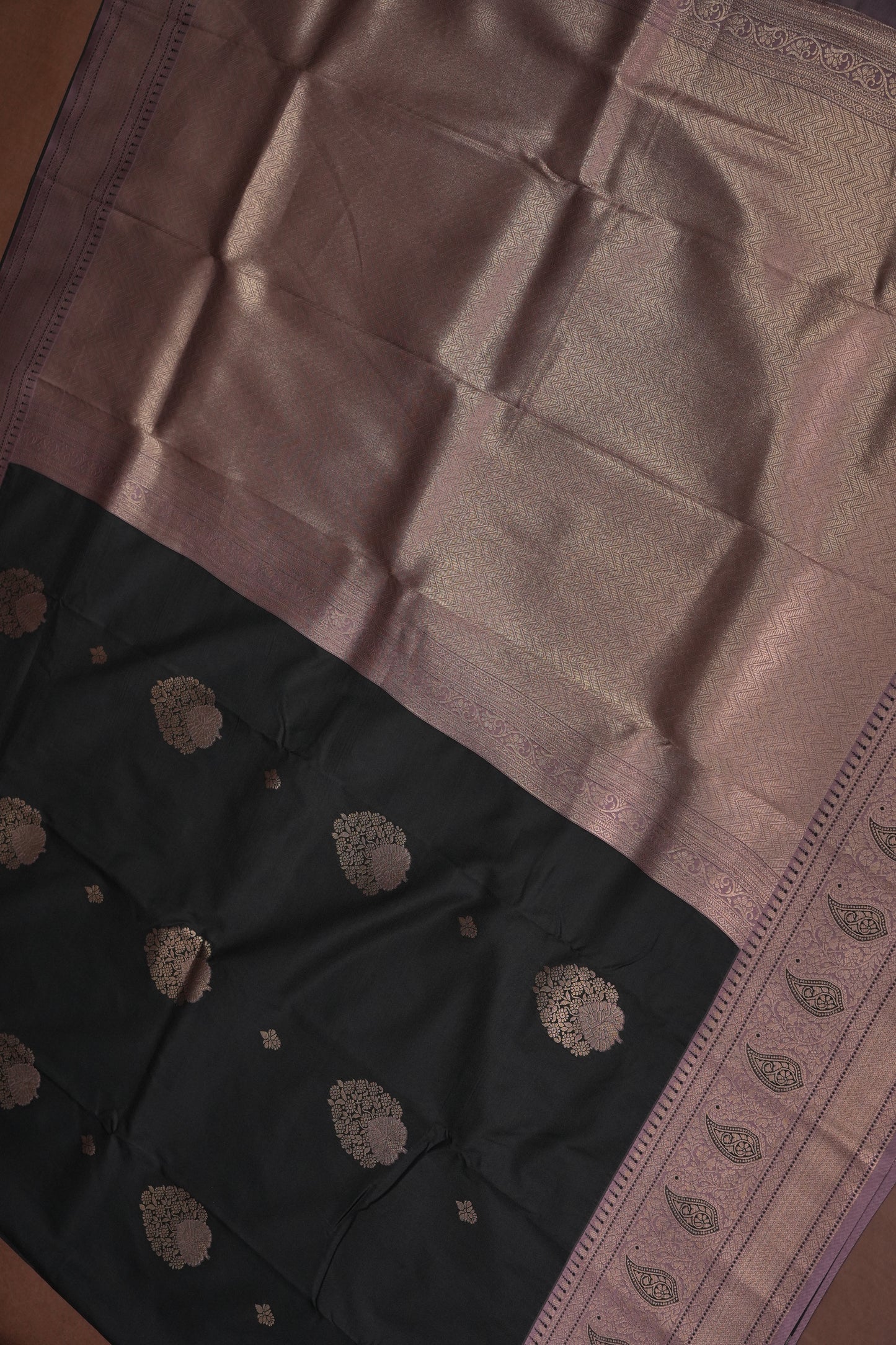 Black Semi Silk Saree with Muted Mauve Vintage Zari Border