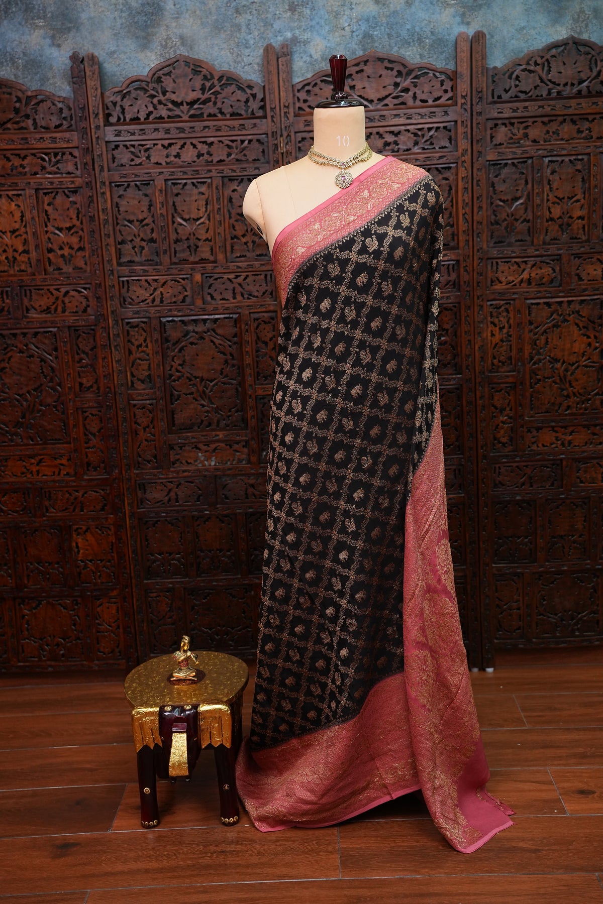 Banarasi Tussar Georgette Saree with Geometric Jaal Weave – Black & Pink