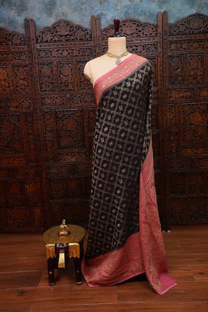 Banarasi Tussar Georgette Saree with Geometric Jaal Weave – Black & Pink