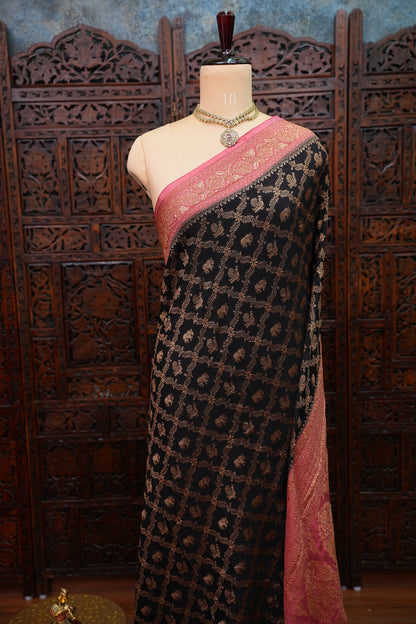 Banarasi Tussar Georgette Saree with Geometric Jaal Weave – Black & Pink