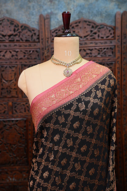 Banarasi Tussar Georgette Saree with Geometric Jaal Weave – Black & Pink