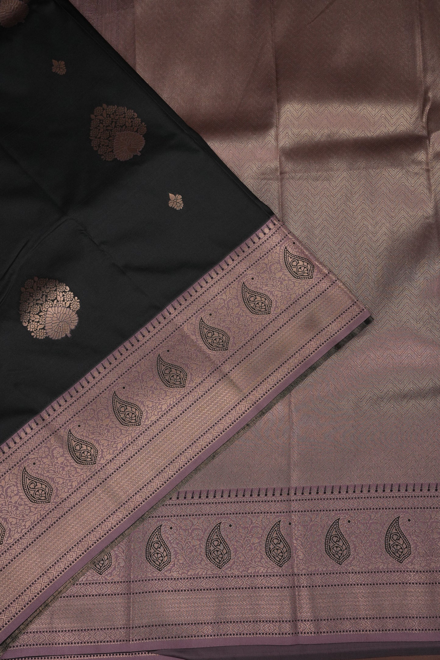 Black Semi Silk Saree with Muted Mauve Vintage Zari Border
