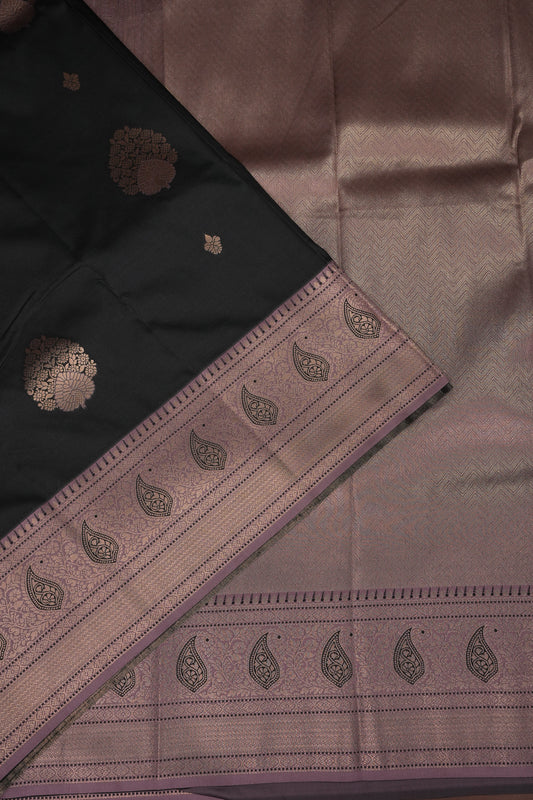 Black Semi Silk Saree with Muted Mauve Vintage Zari Border
